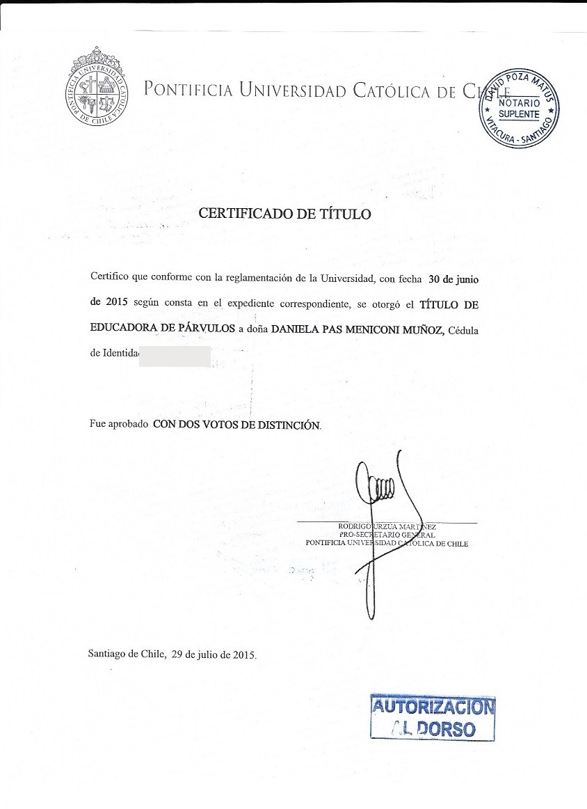 Certificado de título de Educadora de Párvulos, Pontificia Universidad Católica de Chile, 2015