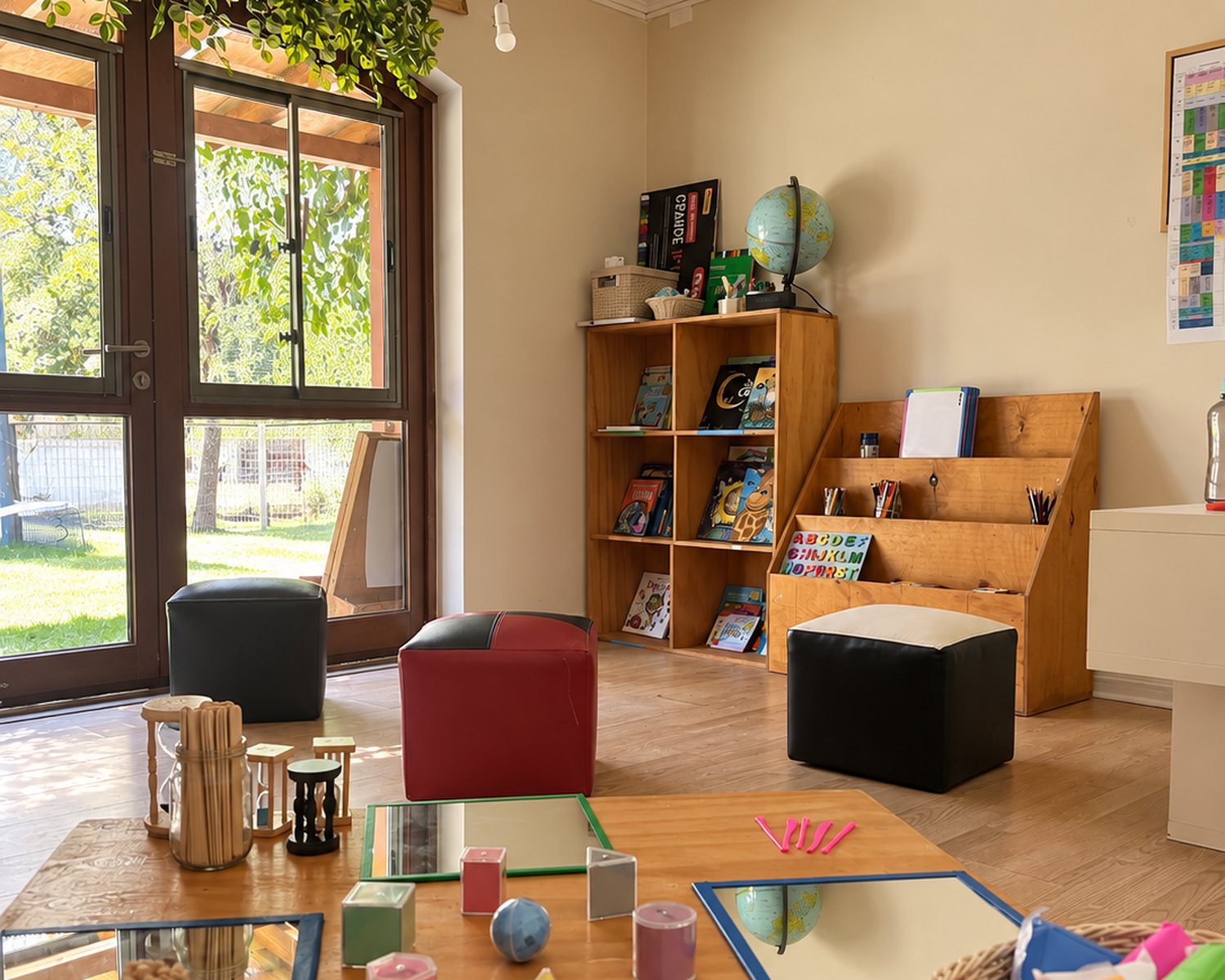 El aula Sole preparada: espejos, formas geom&eacute;tricas, relojes de arena y la biblioteca
